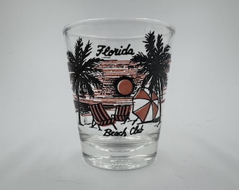 Vintage Florida Beach Club Souvenir Shot Glass – Palm Tree Sunset Design – Collectible Barware