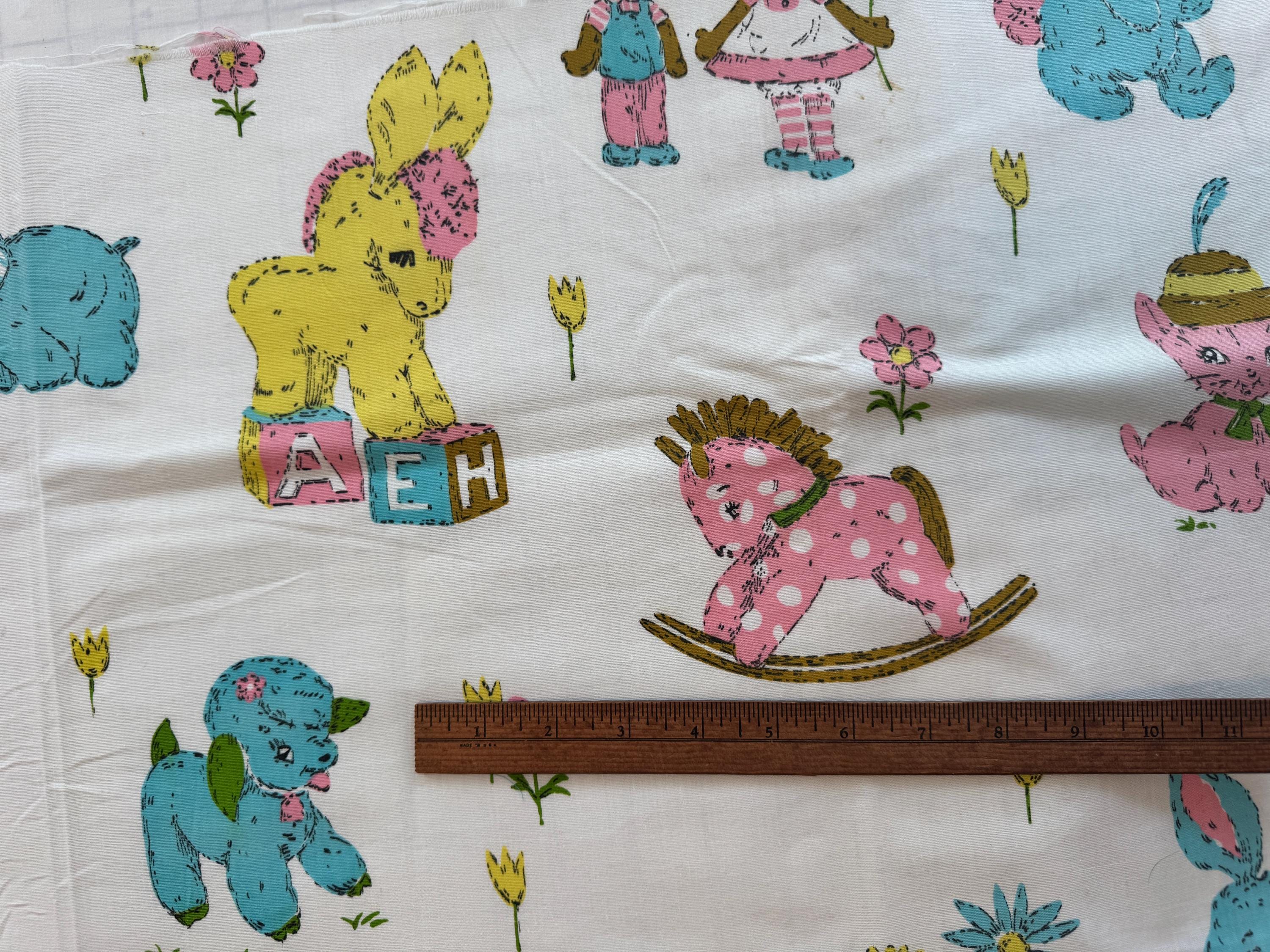 Vintage 1950s Nursery Fabric: Baby Animals Cotton Print, 29