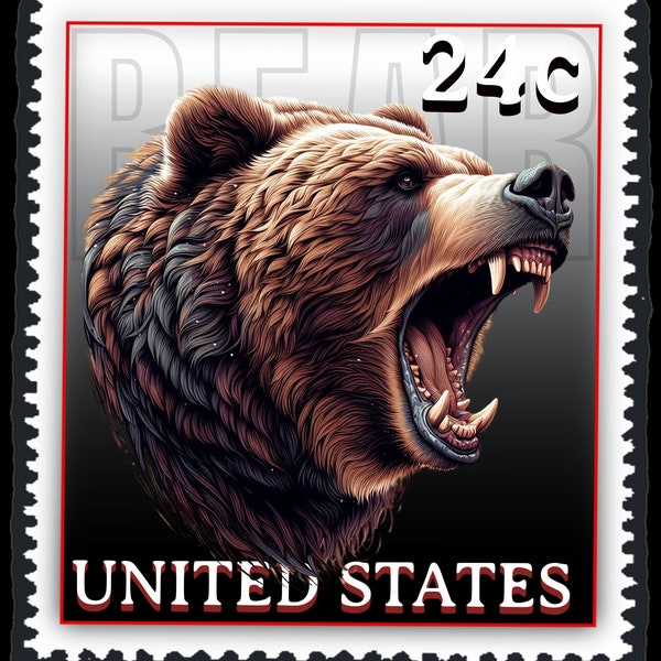 DIGITAL BEAR Stamp downloadable file. Features American Wildlife icons as a US stamp design. Great wall decorations or a gift.