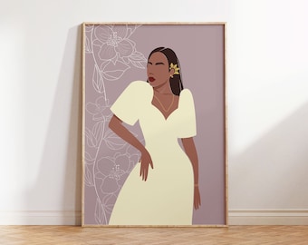 May include: A digital illustration of a woman with brown skin wearing a yellow dress and gold jewelry. She is standing in front of a white floral pattern on a purple background.