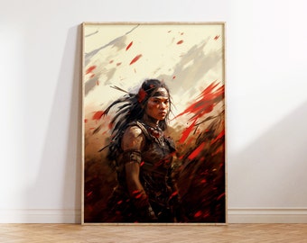 May include: A digital painting of a woman with dark hair and a red flower in her hair. She is wearing a dark brown leather outfit and a necklace. The background is a blurred image of a red and brown landscape.
