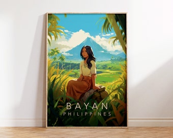 May include: A woman sits on a rock in a lush green field, looking out at a mountain in the distance. The sky is blue with white clouds. The text "BAYAN PHILIPPINES" is at the bottom of the image.