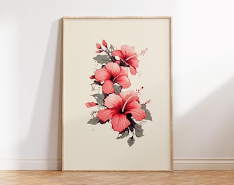FLOR DE HIBISCO / Rojo / Impresión floral de pared / Decoración del hogar / Tropical / Regalo /