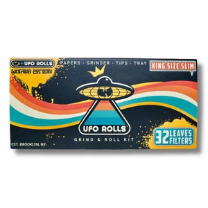 May include: A rectangular box with the text "UFO ROLLS" and "GRIND & ROLL KIT". The box features a retro design with an image of a UFO and the text "KING SIZE SLIM". It also includes "32 LEAVES FILTERS".