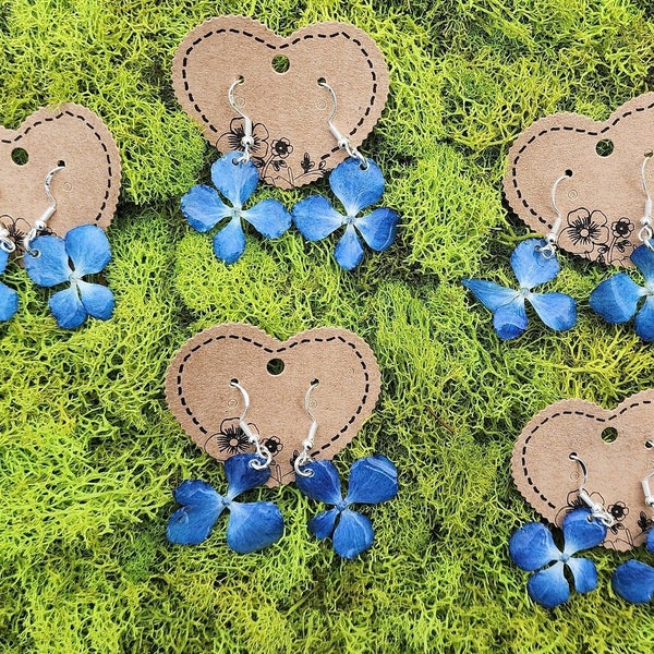 Real blue hydrangea flower earrings coated in epoxy resin.