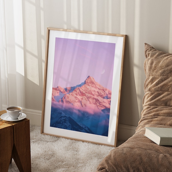 Snowy Mountain One Piece Poster, Relaxing Bedroom Art, Pink And Blue Mountain, Nature Print, Large Printable Wall Art, Landscape Poster