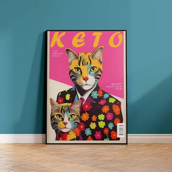 Retro Cat Printable Pop Art, Trendy Retro Wall Art, Funky Wall Art, Pop Art Digital Prints, Retro Poster, Colorful Wall Art,Digital Download