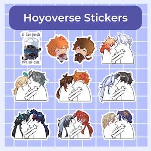 May include: A sheet of Hoyoverse stickers with various character designs. The stickers feature illustrations of characters in pairs, embracing, and a cat-like creature. The text "Hoyoverse Stickers" is at the top, with additional text.