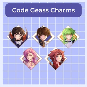 May include: Five Code Geass character charms are displayed on a light blue background with a grid pattern. Each charm features a different character portrait within a diamond-shaped frame. The text "Code Geass Charms" is at the top.