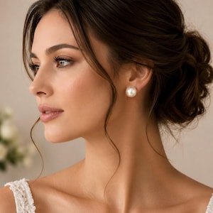 May include: A single round, lustrous white pearl stud earring worn on the earlobe. The pearl features a smooth, spherical surface with a subtle sheen, reflecting light evenly across its polished exterior, secured with a simple metal post backing.