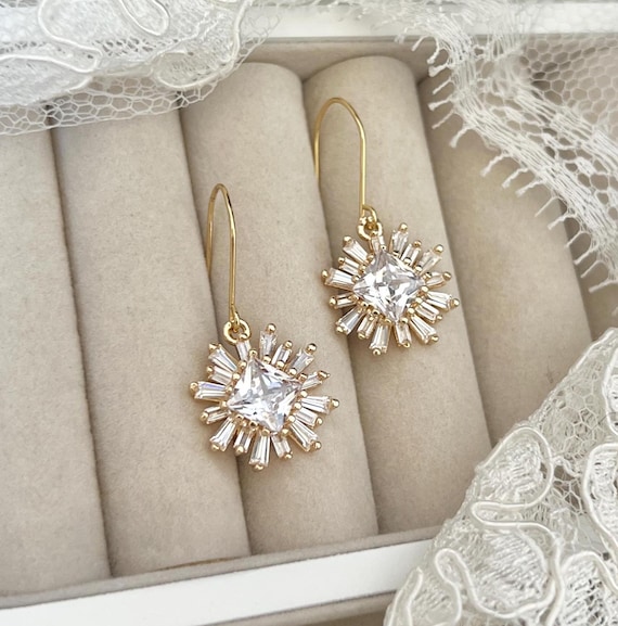 Art Deco crystal earrings, elegant bridal earrings, luxurious wedding earrings, statement CZ earrings, whimsical earrings, woodland wedding