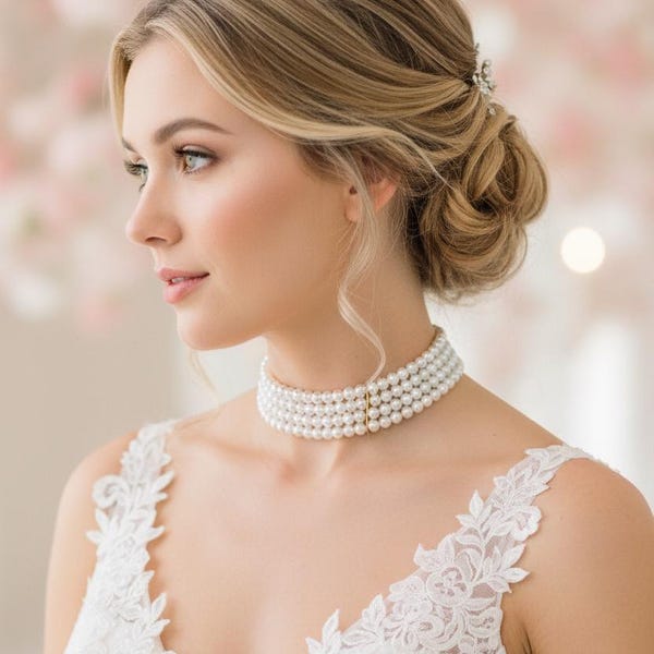 4 Strand Pearl Choker, Statement Pearl Necklace, Multi-Strand Bridal Pearl Necklace, Classic Wedding Choker, Elegant Bride Jewelry, Gifts
