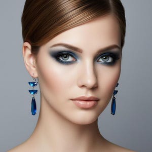 May include: A woman with brown hair styled in a bun, wearing blue eyeshadow and blue gemstone earrings. The earrings are long, dangling, and feature a teardrop-shaped stone. The background is a solid gray.