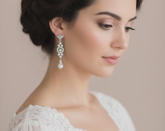 Long Pearl Crystal Earrings, Bridal Drop Earrings, Wedding Statement Earrings, Elegant Dangle Earrings, Gift for Her