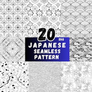 Puede incluir: Una colección de 20 patrones japoneses sin costuras en blanco y negro. Los patrones incluyen formas de abanico, hojas de arce, diseños florales, olas, nubes y bambú. El texto "20 Japanese Seamless Pattern SVG" se muestra.