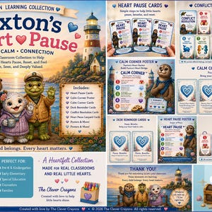 May include: Paxton's Heart Pause Ocean Learning Collection includes educational materials like Heart Pause cards, conflict resolution cards, calm corner posters, and desk reminder cards featuring illustrated animal characters and a lighthouse.