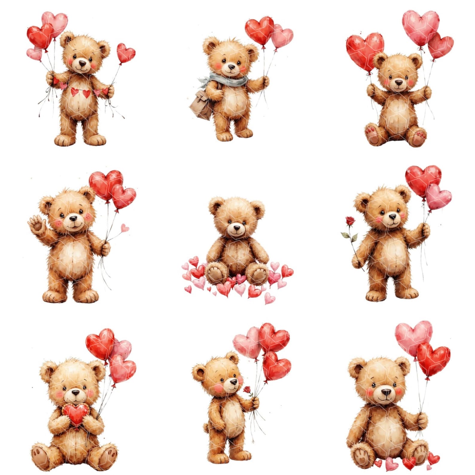 Watercolor Valentines Teddy Bear Clipart | Hearts Day PNG | Digital ...