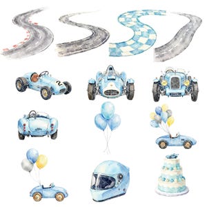 May include: Watercolor illustrations of race cars, race tracks, balloons, and a helmet. The cars are light blue with black tires. The race tracks are gray with red and white borders. The balloons are blue, yellow, and gray.