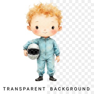 May include: Watercolor illustration of a young child with curly blonde hair, wearing a light blue racing suit and holding a white and black helmet. The child has rosy cheeks and is smiling. The image has a transparent background.