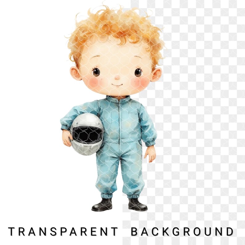 May include: Watercolor illustration of a young child with curly blonde hair, wearing a light blue racing suit and holding a white and black helmet. The child has rosy cheeks and is smiling. The image has a transparent background.
