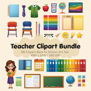 Op de afbeelding: Een kleurrijk docent clipartpakket met schoolspullen, een docent en de tekst "Teacher Clipart Bundle". Inclusief een notitieboek, potloden, appel, rekenmachine, wereldbol, laptop, stoelen en meer. De set bevat 66 clipart afbeeldingen.