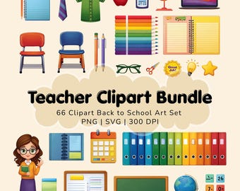 May include: A colorful teacher clipart bundle featuring school supplies, a teacher, and the text "Teacher Clipart Bundle". Includes a notebook, pencils, apple, calculator, globe, laptop, chairs, and more. The set includes 66 clipart images.