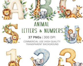 Tier Aquarell Clipart PNG | Safari Buchstaben und Zahlen | Digitale Downloads | KOMMERZIELLE NUTZUNG