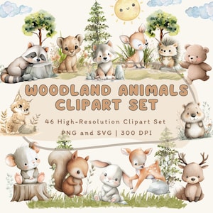 46 Cute Woodland Animals Clipart Bundle – Soft Earthy Watercolor Animals, Baby Woodland Creatures PNG Set, SVG Digital Download