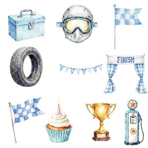 May include: Watercolor illustration of racing-themed elements. Includes a blue toolbox, a racing helmet with goggles, a tire, checkered flags, a finish line banner, a cupcake with a candle, a trophy, and a vintage gas pump.