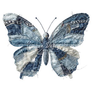 May include: A butterfly design made from patches of denim fabric in various shades of blue and white. The butterfly has a detailed, textured appearance with visible stitching and frayed edges, creating a unique, handcrafted look.