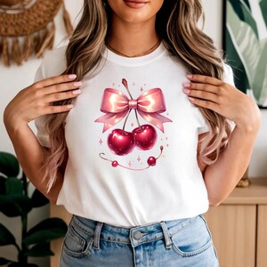 Rosa Schleife und Kirschen PNG, glitzernde Fruit Art Sublimationsdesign für T-Shirts, Becher und Kunsthandwerk
