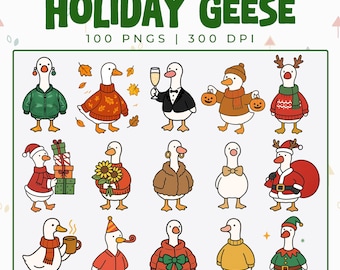 Festive Goose Clipart 100 PNG | Holiday Geese for Christmas, Thanksgiving, New Year, Halloween & Black Friday Designs | Digital Download