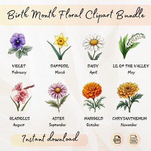 Lot de cliparts fleurs du mois de naissance | Floral Fleur de naissance PNG Chambre de bébé| Bouquet SVG | Aquarelles Fleurs Mois de Naissance| Cadeau| Télécharger