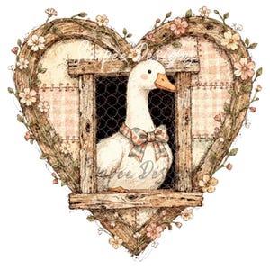 Könnte beinhalten: Eine Illustration einer weißen Gans mit einer karierten Schleife, die in einer herzförmigen Holzkonstruktion gerahmt ist. Das Herz ist mit Blumen und Ranken verziert, und der Hintergrund hat ein rosa-weißes Karomuster. Das Bild hat den Text "Dee Design".