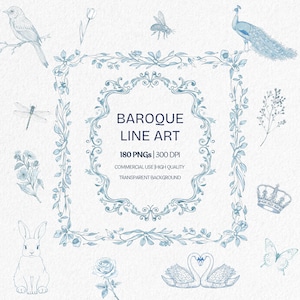 May include: A collection of light blue line art illustrations featuring various elements such as a bird, peacock, bee, dragonfly, rabbit, rose, swans, and a crown. The text "Baroque Line Art" is displayed within a decorative frame.