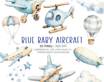 Flugzeug Clipart PNG | Aquarell Flugzeuge |  Heißluftballon | Hubschrauber | Kinderzimmer Dekor | Luft Transport Kunst