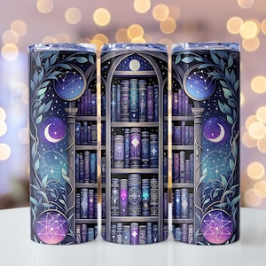 Celestial Magic Bookshelf Tumbler Wrap PNG | 20oz Mystic Library Moon Stars Galaxy Book Lover Tumbler Design | Witchy Aesthetic