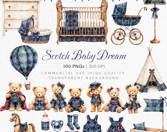 Tartan Baby Shower Clipart | Scotch Plaid Nursery PNG | Watercolor Teddy Bear | Digital Downloads