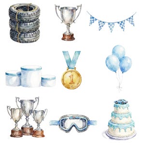 May include: Watercolor illustration of racing-themed elements. Includes a stack of tires, silver trophies, a blue and white checkered banner, blue balloons, a gold medal, a tiered cake with a toy car, and racing goggles.