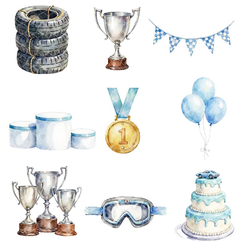 May include: Watercolor illustration of racing-themed elements. Includes a stack of tires, silver trophies, a blue and white checkered banner, blue balloons, a gold medal, a tiered cake with a toy car, and racing goggles.