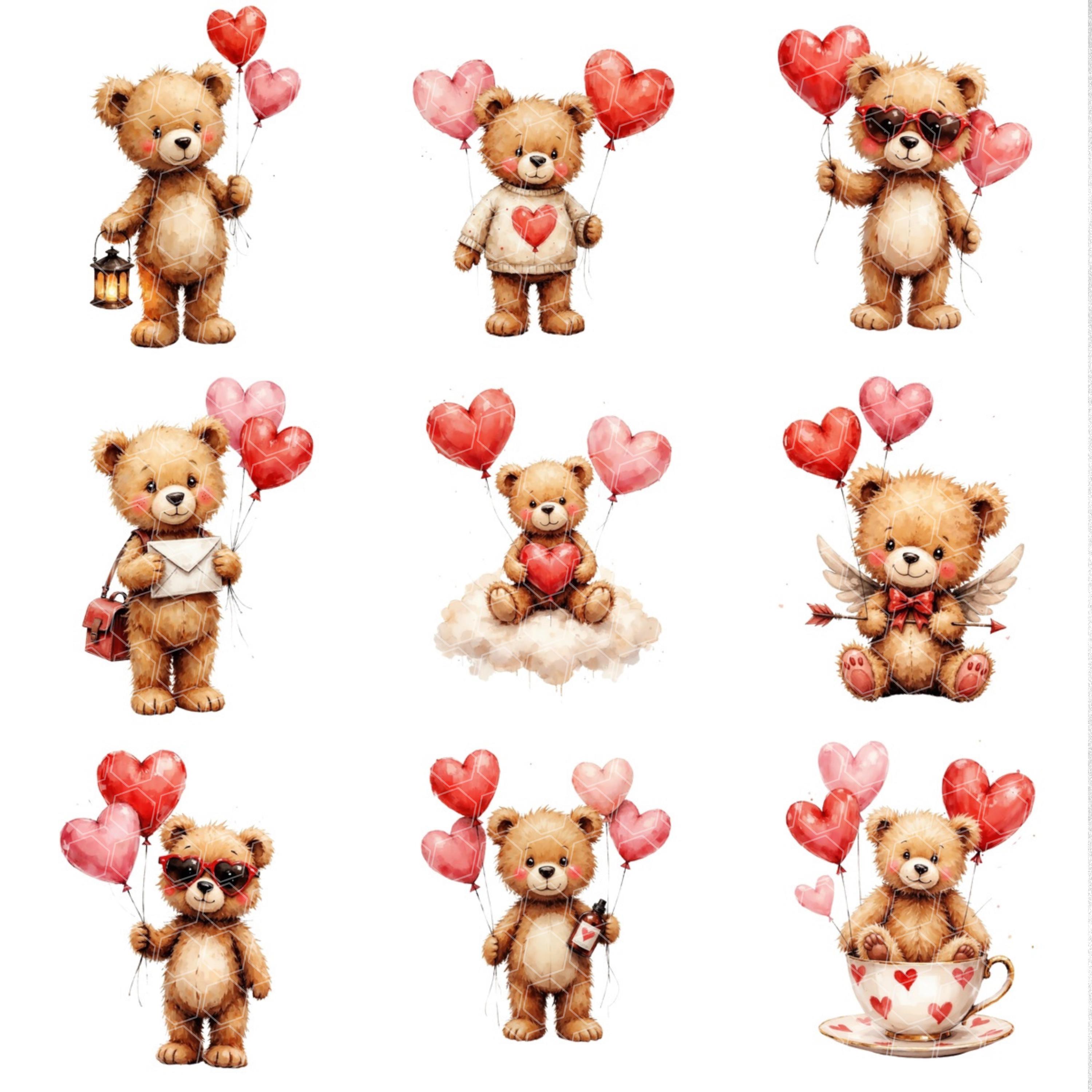 Watercolor Valentines Teddy Bear Clipart | Hearts Day PNG | Digital ...