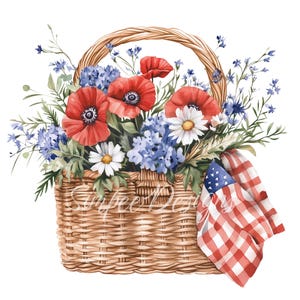 Lot de cliparts floraux patriotique - 4 juillet fleurs Americana, bottes rustiques, drapeaux, pots Mason, couronnes et arrosoirs PNG SVG ensemble