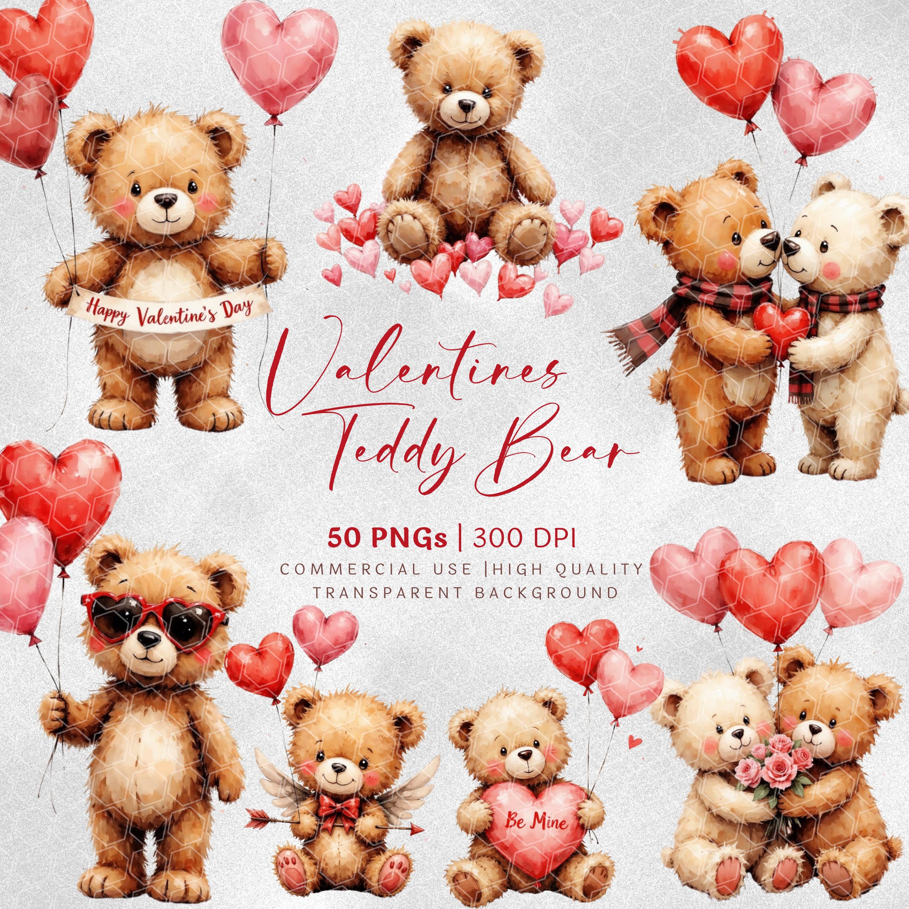 Watercolor Valentines Teddy Bear Clipart | Hearts Day PNG | Digital ...