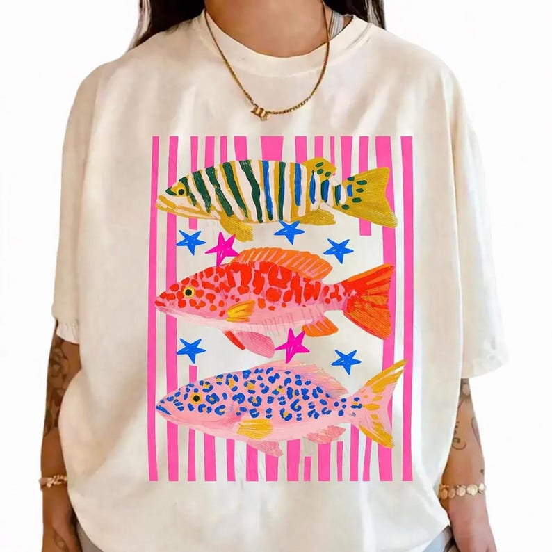 Camiseta retro para amantes de los peces, camiseta colorida para pescadores, regalo vintage para pescadores, camiseta veraniega costera. imagen 3
