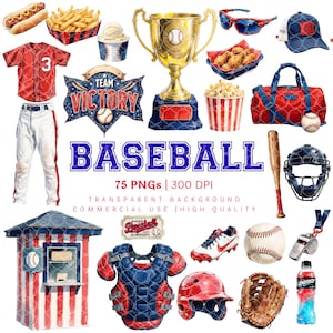 May include: A collection of baseball-themed graphics, including a trophy, baseballs, a jersey, a baseball cap, and various food items. The word "BASEBALL" is prominently displayed, along with the text "75 PNGs | 300 DPI".