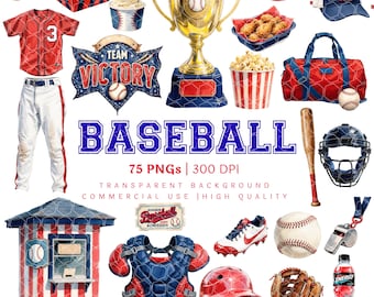 Clipart acquerello di baseball PNG / Set di elementi sportivi / Download digitali