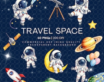 Watercolor Astronaut Clipart Bundle | Outer Space Planets Rocket PNGs | Cosmic Kids | Digital Downloads