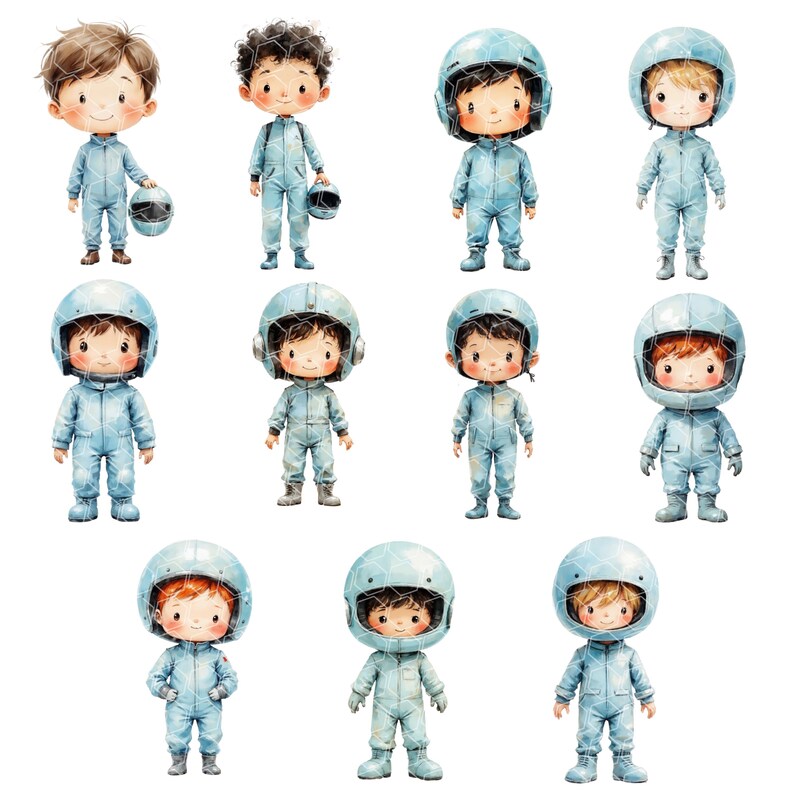 May include: Watercolor illustration of cartoon children in light blue racing suits and helmets. Some figures hold helmets. The image features a collection of charming, stylized characters, perfect for children's decor or themed projects.