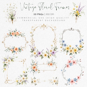 Puede incluir: Ilustraciones en acuarela de marcos florales vintage en varias formas, incluyendo diseños ovalados, rectangulares y circulares. Los marcos están adornados con delicadas flores en tonos melocotón, azul, amarillo y morado. El texto "Vintage Floral Frames" está en la parte superior.