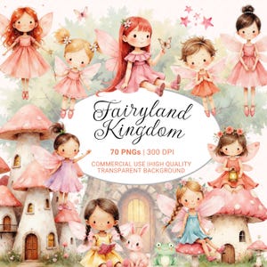 May include: A digital illustration of fairies with pink wings and dresses, set amongst mushroom houses and stars. The image includes the text "Fairyland Kingdom" and information about the PNG files, suitable for commercial use.